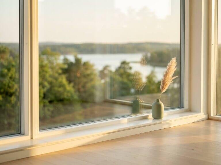 Kristallklart fönster med utsikt över grönska och Lidingö efter professionell fönsterputsning i Lidingö-lägenhet