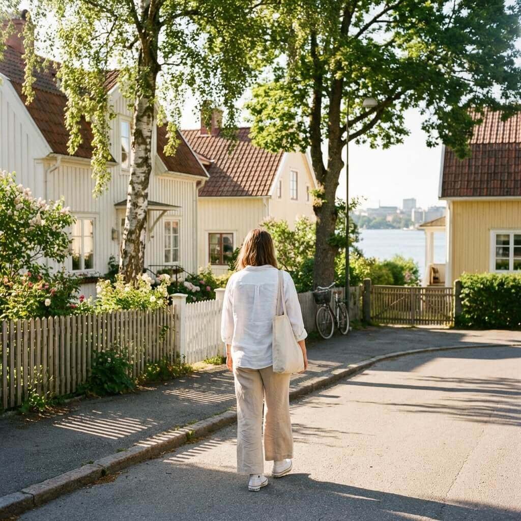 Kvinna promenerar på en lummig villagata på Lidingö med vattenvy och Stockholms skyline i bakgrunden