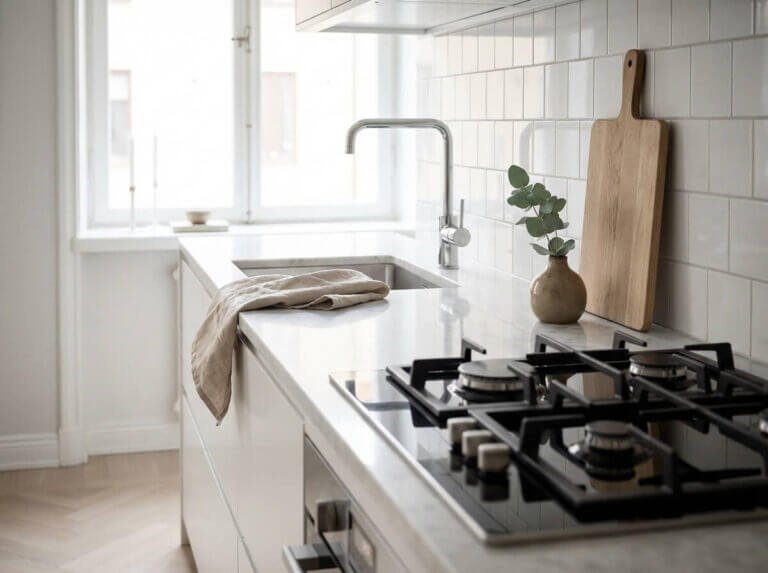 Nystädad köksbänk i ljust skandinaviskt kök med blänkande diskbänk och spishäll efter professionell hemstädning på Lidingö