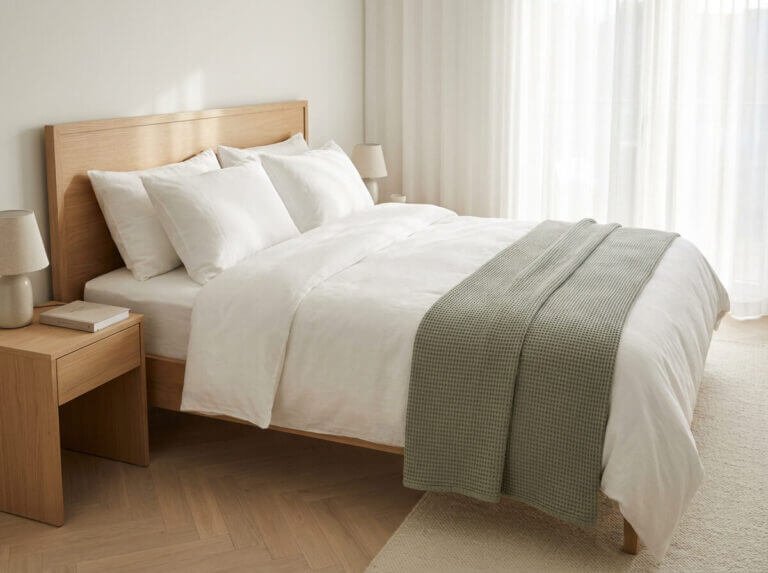 Perfekt bäddad säng med vita lakan och dammfria ytor i ljust sovrum efter hemstädning