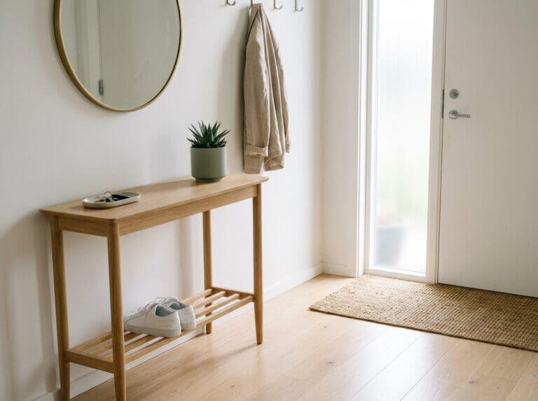 Prydlig och nymoppad hall i en Lidingövilla med organiserad skohylla och putsad spegel efter hemstädning