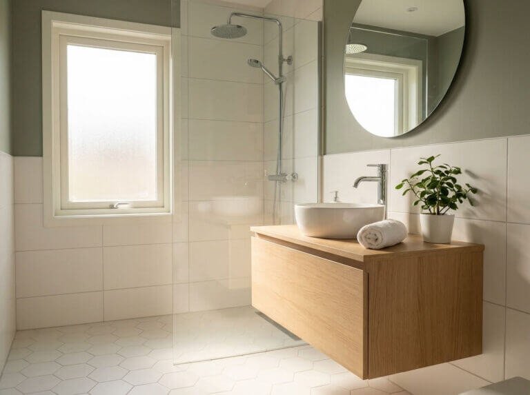 Skinande rent badrum med avkalkad dusch, putsat handfat och streaklös spegel efter professionell badrumsrengöring