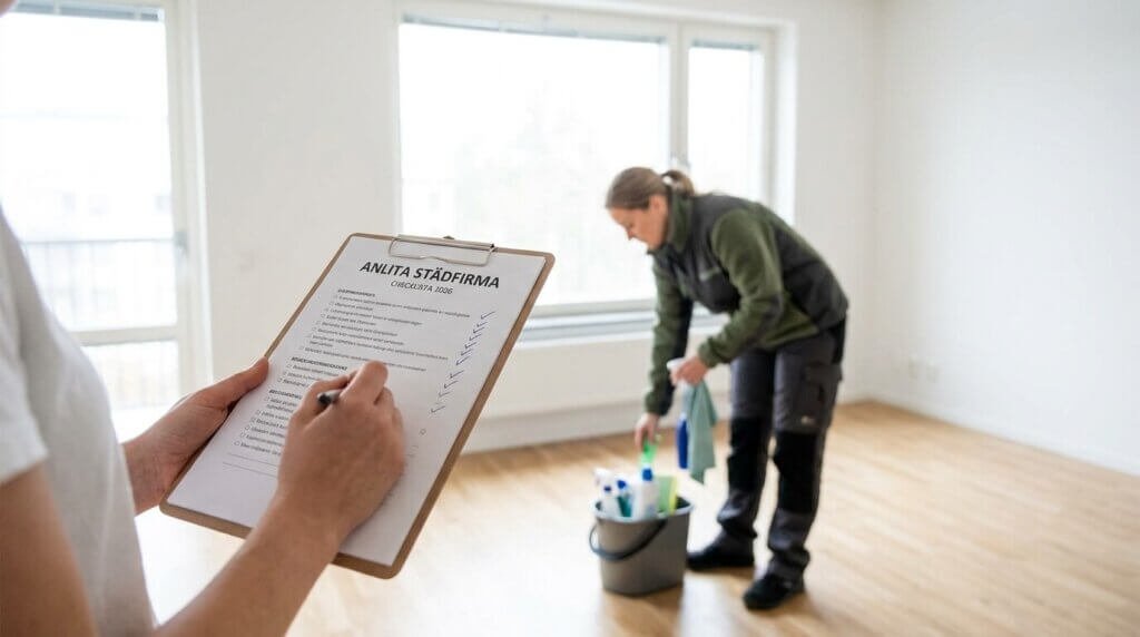 En person håller i en checklista på en skrivplatta medan en annan person städar ett tomt rum och bär en hink med rengöringsmedel. Rummet har stora fönster och trägolv.