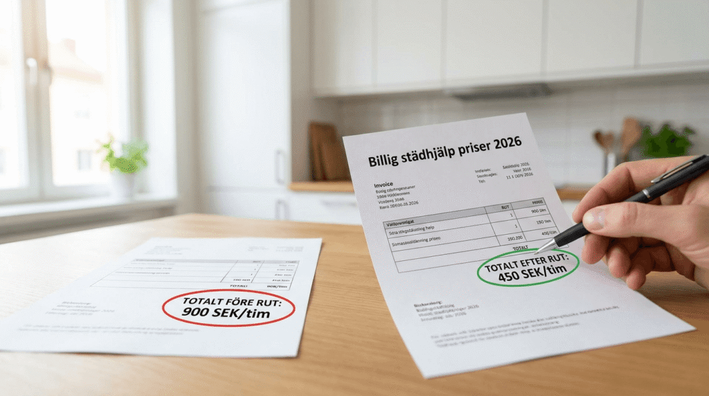 En person håller i en städfaktura märkt "Billig städhjälp priser 2026" med "TOTALT EFTER RUT: 450 SEK/tim" inringat i grönt. Ett annat papper visar "TOTALT FÖRE RUT: 900 SEK/tim" inringat i rött på en köksbänk.