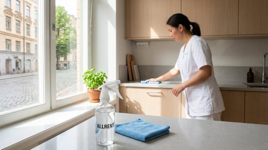 En kvinna i vita städkläder torkar av en köksbänk med en blå trasa. I förgrunden finns en sprayflaska med texten "ALLRENT" och ytterligare en blå trasa. Stora fönster släpper in naturligt ljus och visar en gata utanför.