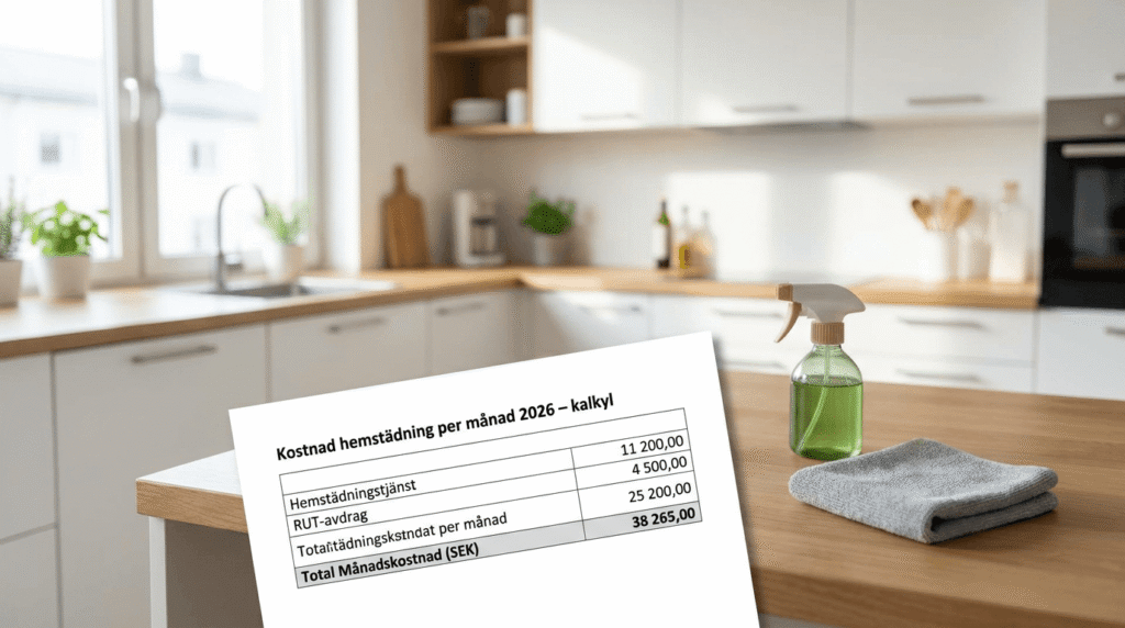 En tryckt städkostnadskalkyl på svenska visas i förgrunden av ett modernt kök. I bakgrunden syns en sprayflaska och en hopvikt trasa på köksbänken, med starkt dagsljus som kommer in genom fönstren.
