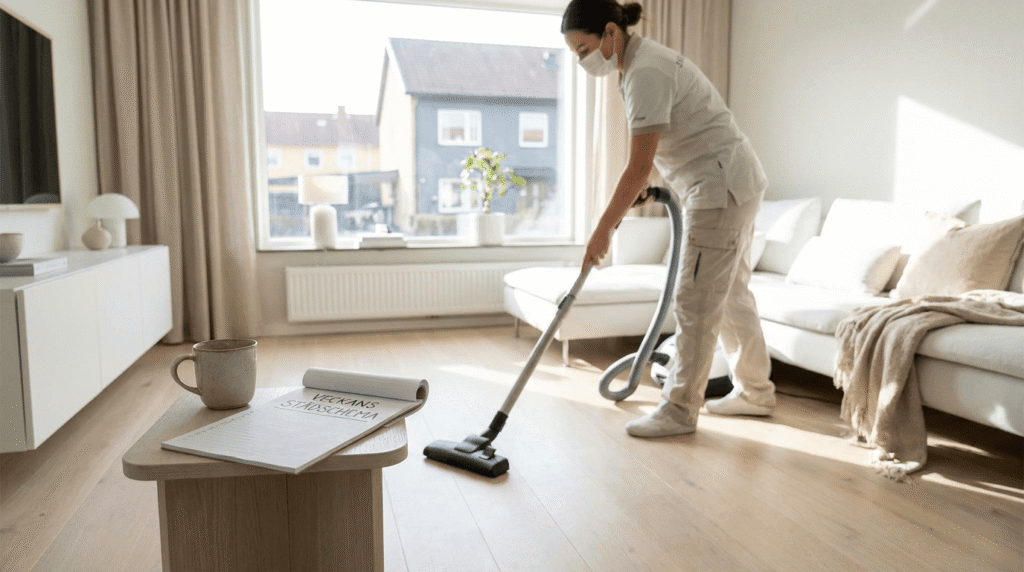 En maskförsedd person dammsuger golvet i ett ljust och välstädat vardagsrum. Ett soffbord med en mugg och ett anteckningsblock märkt "VACUUM SCHEDULE" står i förgrunden nära en soffa med kuddar och en filt.