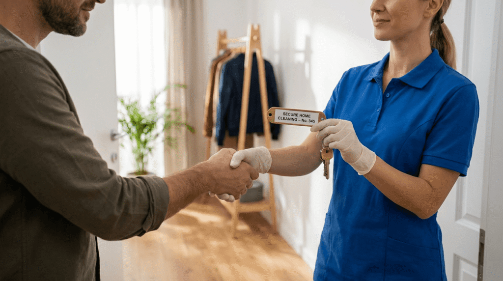 En person i blå uniform och handskar ger en nyckel och en tagg märkt "Secure Home Cleaning" till en annan person, medan de skakar hand i ett städat, väl upplyst hem.