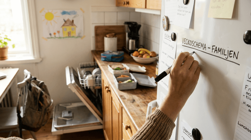 En person skriver på en whiteboard med texten ”Veckoschema – Familjen” som sitter på kylskåpet i ett mysigt kök. Diskmaskinen står öppen, lunchlådorna är packade och en barnteckning hänger på väggen.