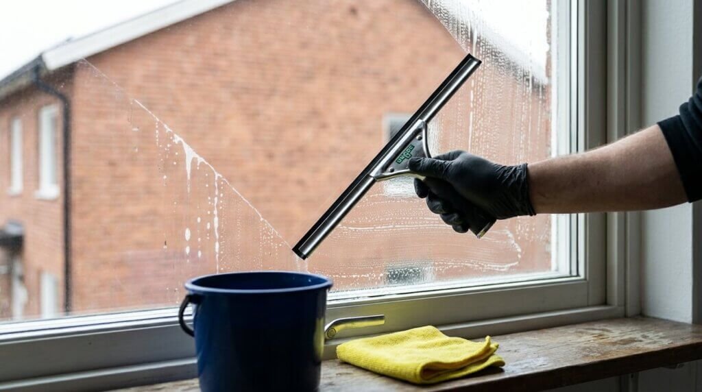 En person som bär en svart handske använder en fönsterrakel för att putsa ett fönster. På fönsterbrädan står en blå hink och en gul trasa, och utanför syns en tegelbyggnad.