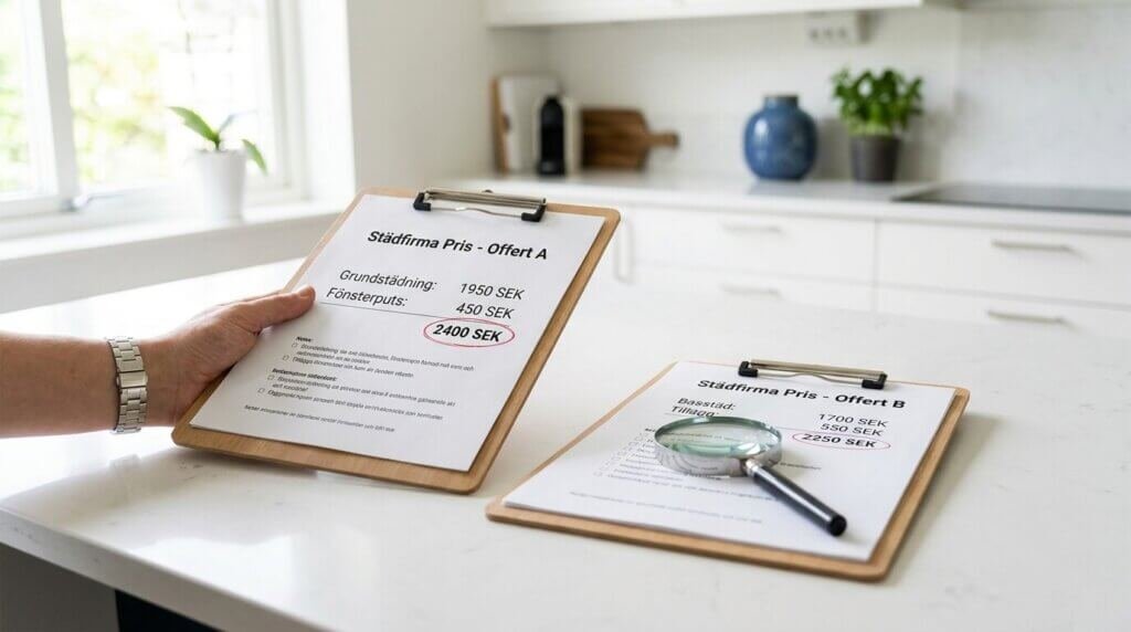 En person håller i ett skrivunderlägg med en offert från en städfirma på svenska. Ett annat skrivunderlägg med en liknande offert och ett förstoringsglas ligger på en vit köksbänk i ett ljust, modernt kök.